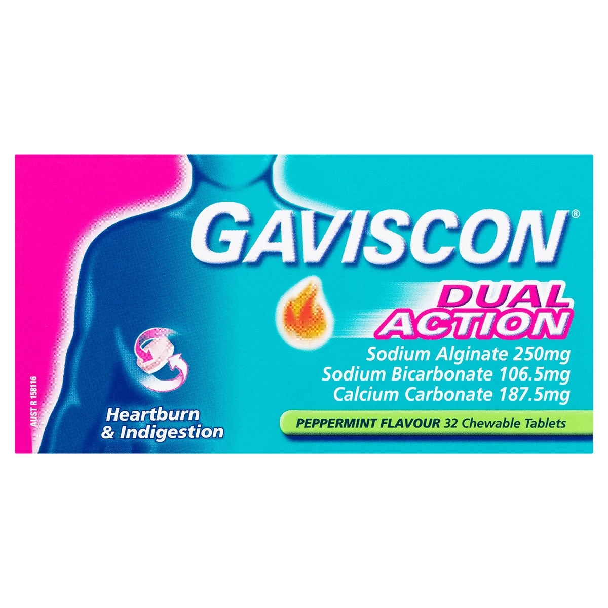 Gaviscon Dual Action Heartburn & Indigestion Peppermint 32 Chewable Tablets 1 Gaviscon Dual Action Heartburn & Indigestion Peppermint 32 Chewable Tablets
