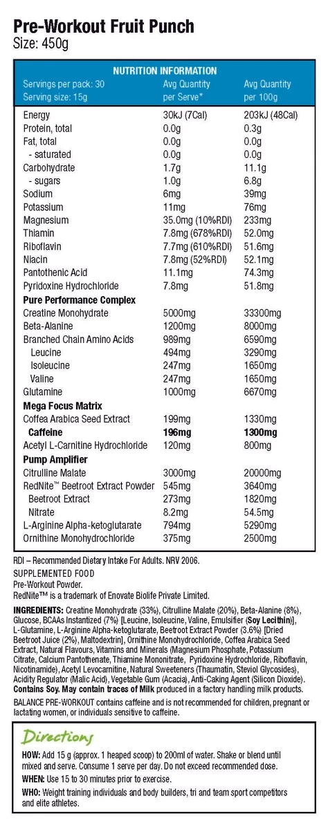 Balance Pre Workout Powder Fruit Punch 450g 2 Balance Pre Workout Powder Fruit Punch 450g - Image 2