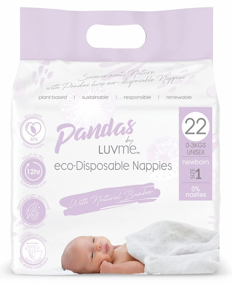 Pandas By Luvme ECO Disposable Nappies Newborn (0-3kg) 22 Pack 1 Pandas By Luvme ECO Disposable Nappies Newborn (0-3kg) 22 Pack