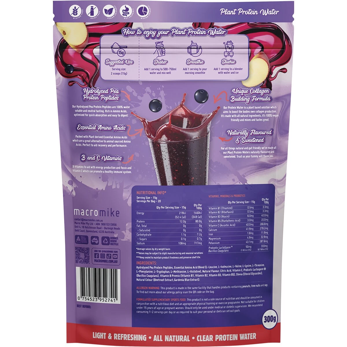 Macro Mike Plant Protein Water Apple Blackcurrant 300g 2 Macro Mike Plant Protein Water Apple Blackcurrant 300g - Image 2